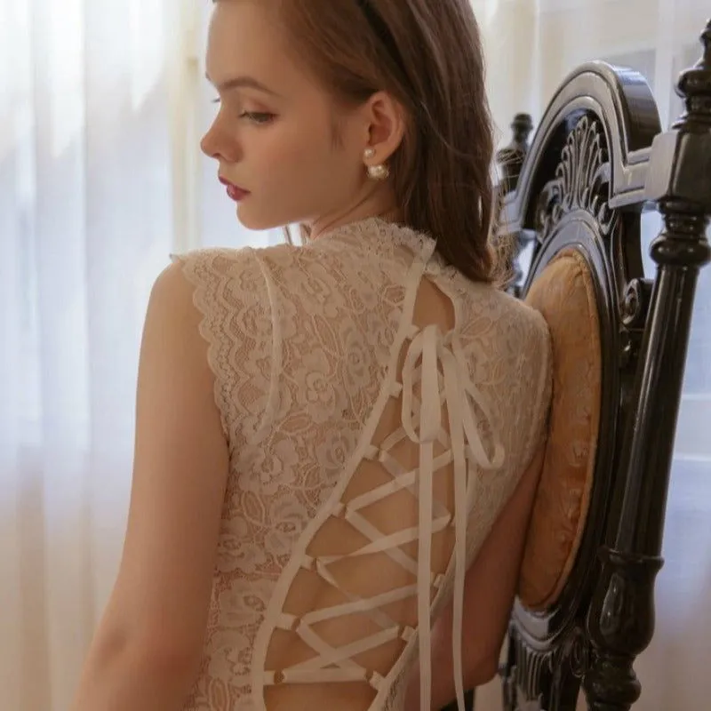 Black White Lace up Back See Through Open Crotch Bandage Bodysuit