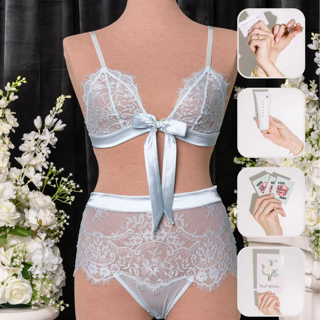 Bridal Bundle: Eyelash Lace Bow Bralette Set - Something Blue