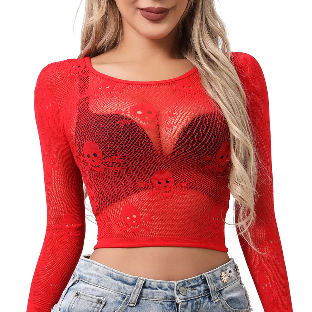 Buitifo Women Sexy Crop Top Fishnet Lingerie Skull Cosplay Tee Shirt Blouse Exotic Beach Cover Up