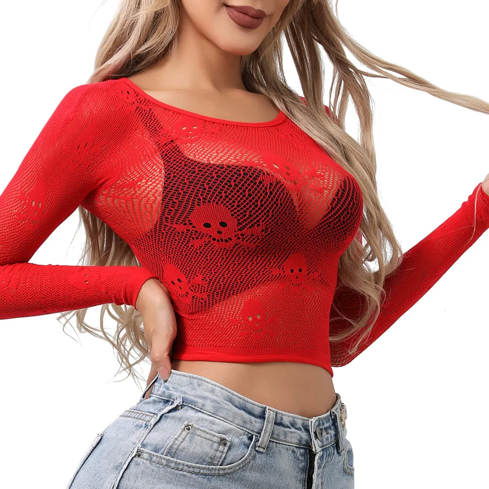 Buitifo Women Sexy Crop Top Fishnet Lingerie Skull Cosplay Tee Shirt Blouse Exotic Beach Cover Up