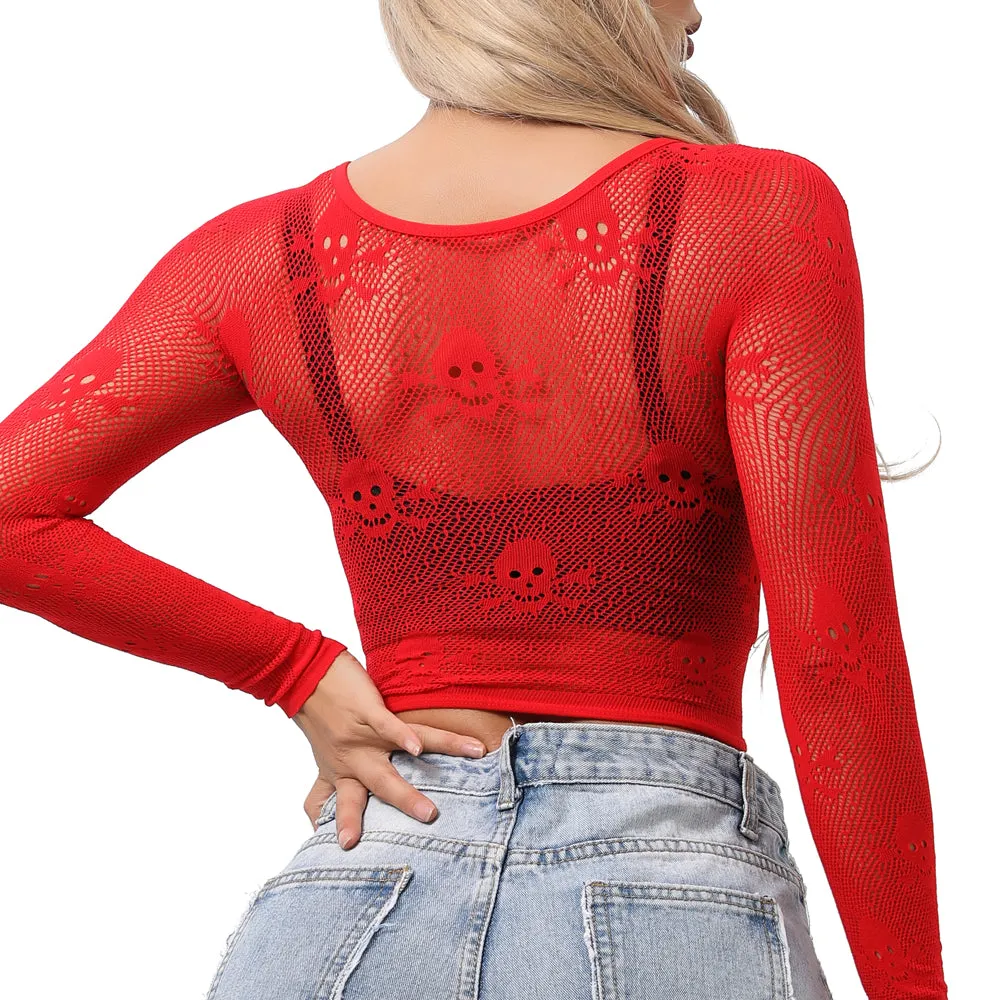 Buitifo Women Sexy Crop Top Fishnet Lingerie Skull Cosplay Tee Shirt Blouse Exotic Beach Cover Up