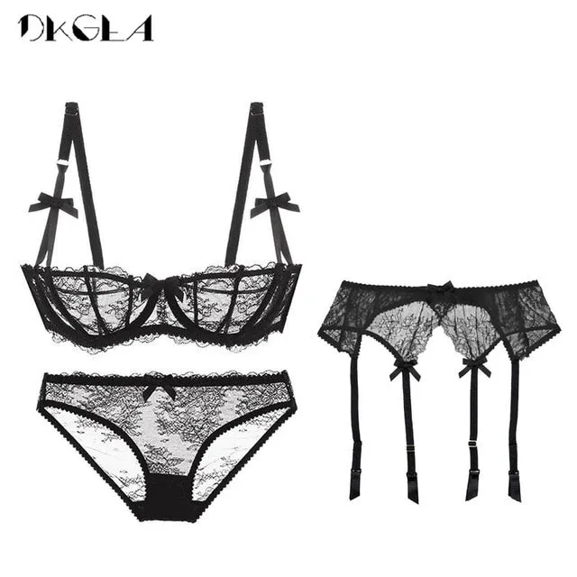 Embroidery Lingerie Set Women 1/2 Cup White Sexy Bra Set 3 Piece Bra Panties Garter Lace Brassiere Transparent Underwear Set