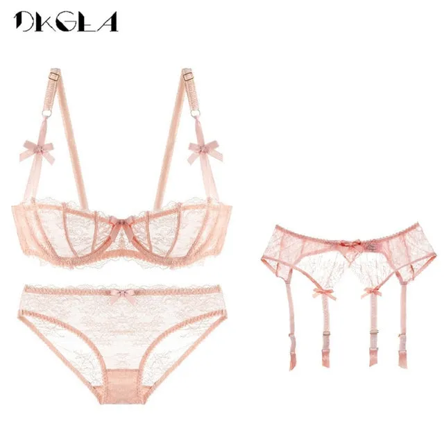 Embroidery Lingerie Set Women 1/2 Cup White Sexy Bra Set 3 Piece Bra Panties Garter Lace Brassiere Transparent Underwear Set