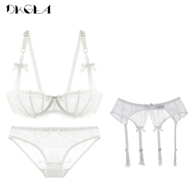 Embroidery Lingerie Set Women 1/2 Cup White Sexy Bra Set 3 Piece Bra Panties Garter Lace Brassiere Transparent Underwear Set