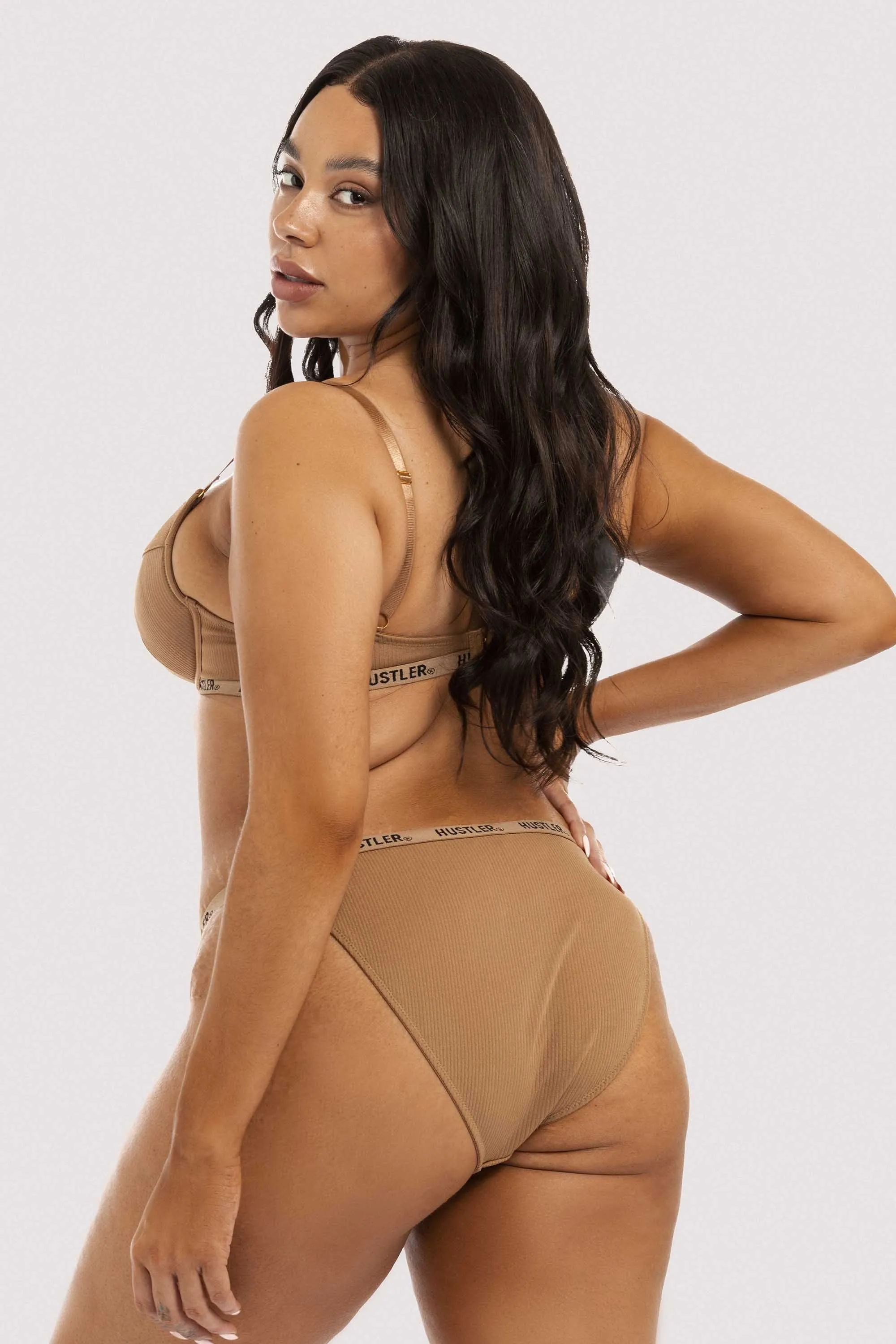 Hustler Branded Ribbed Tanga Brief Caramel
