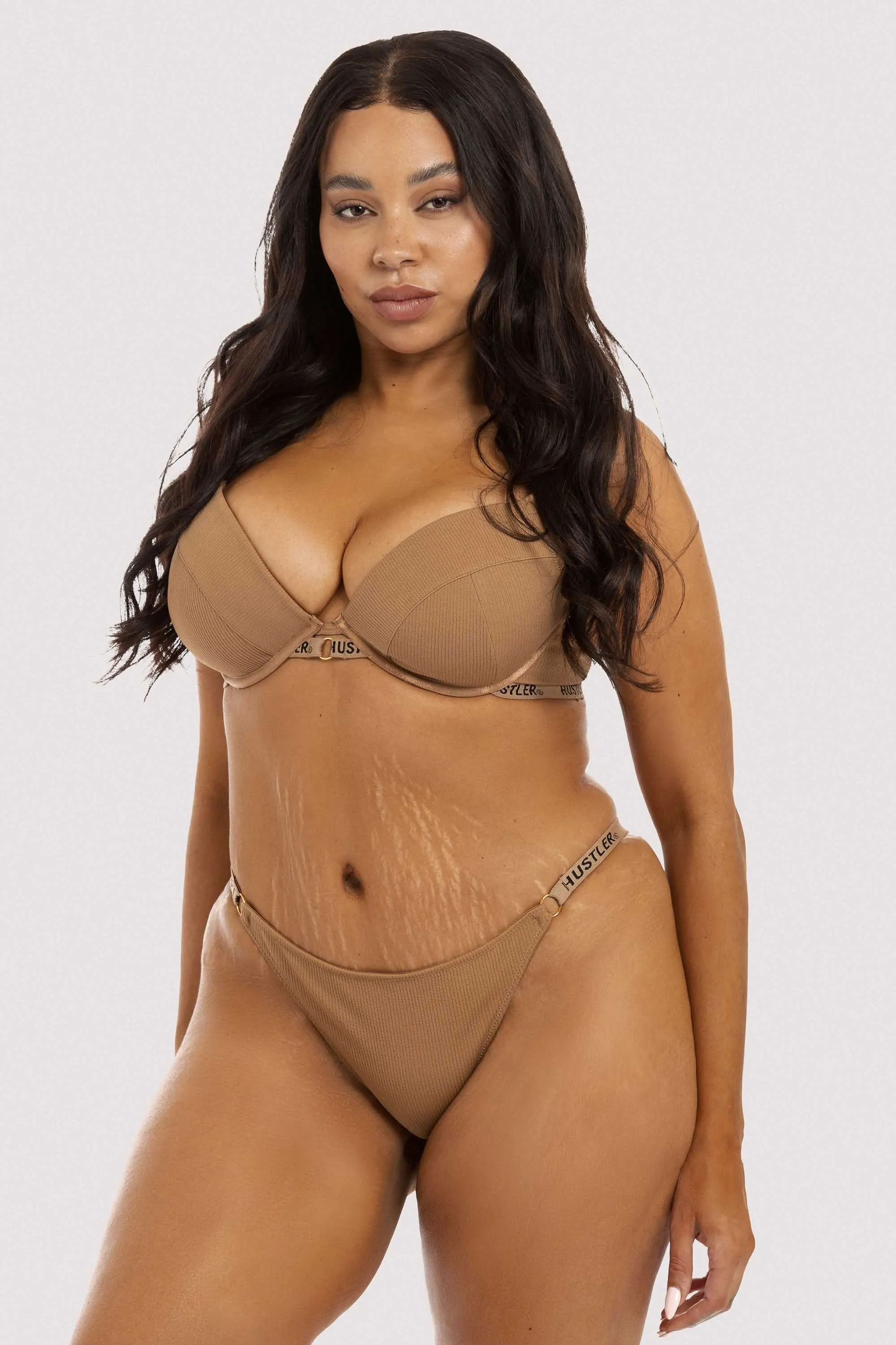Hustler Branded Ribbed Tanga Brief Caramel