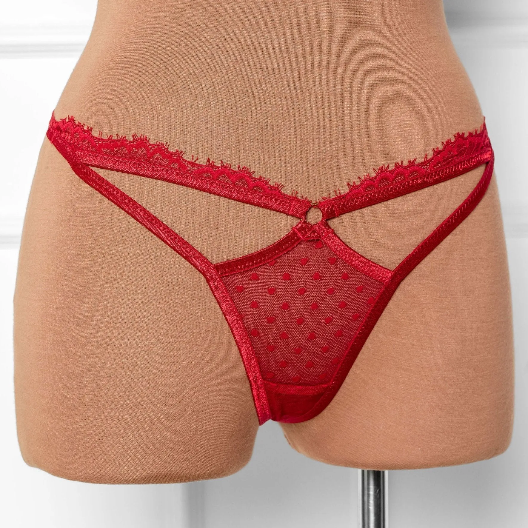 Lacy Cutout Thong - Red