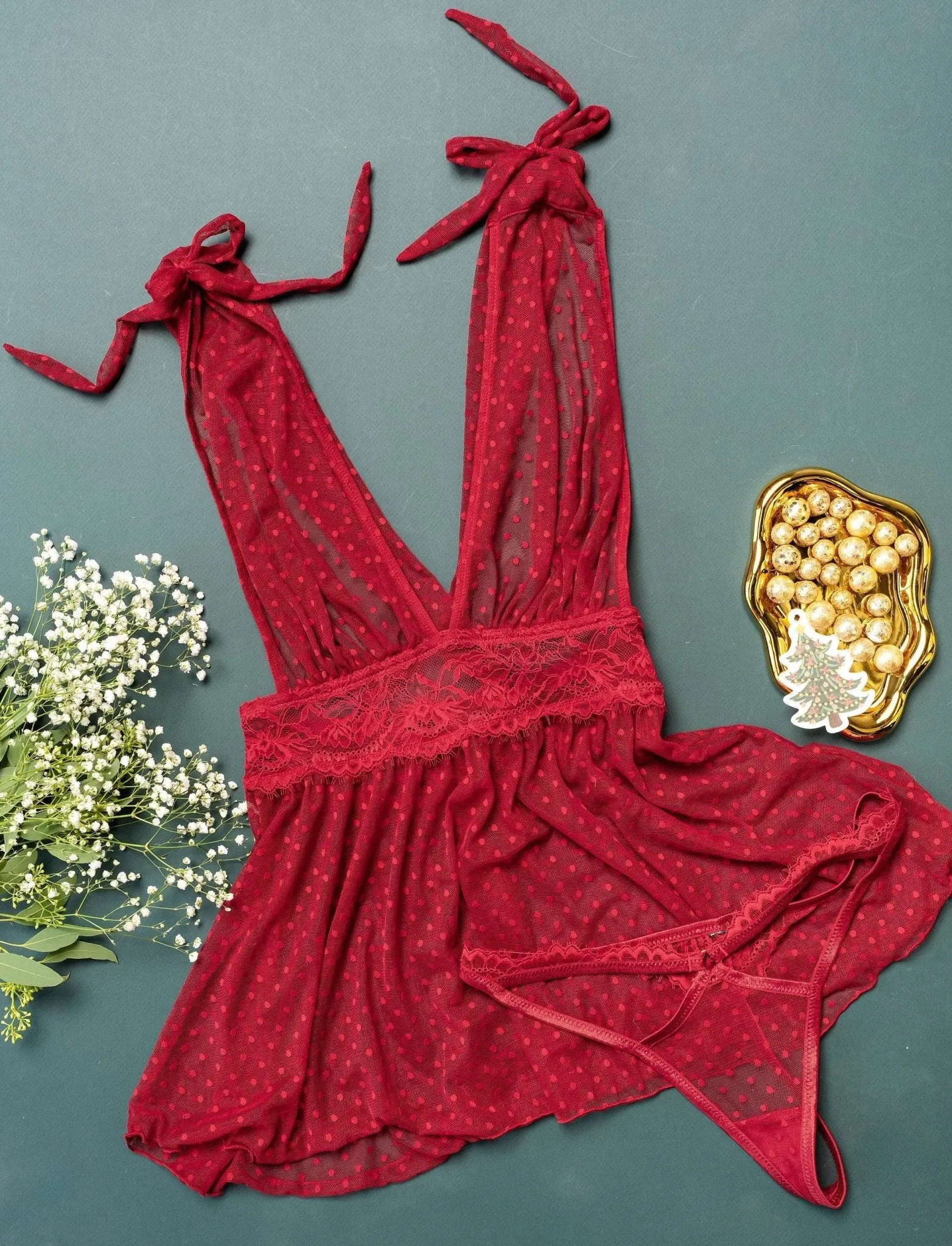Lacy Cutout Thong - Red