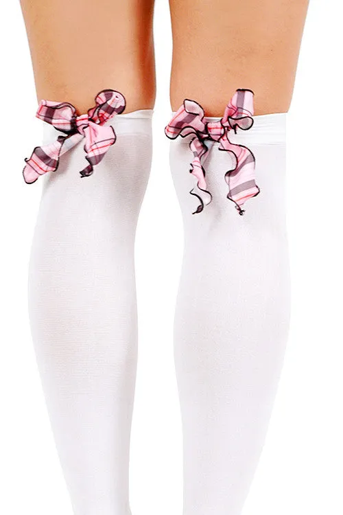 Opaque Thigh Highs with Cabbaged Plaid Bows