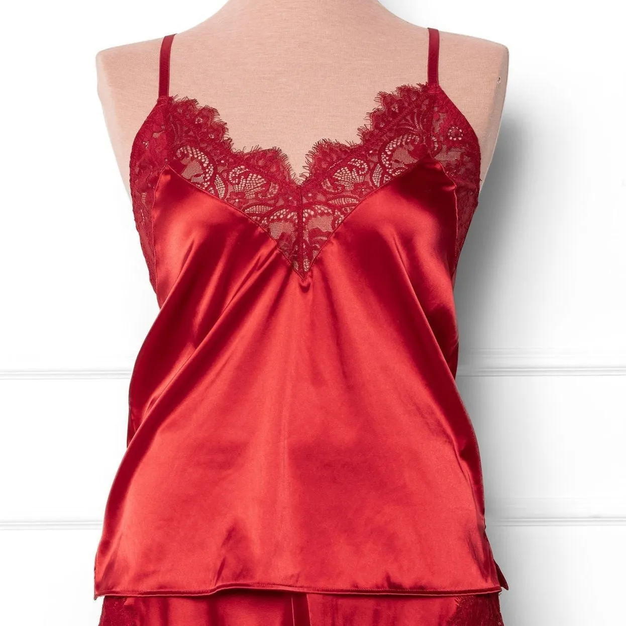 Satin & Eyelash Lace Cami - Red