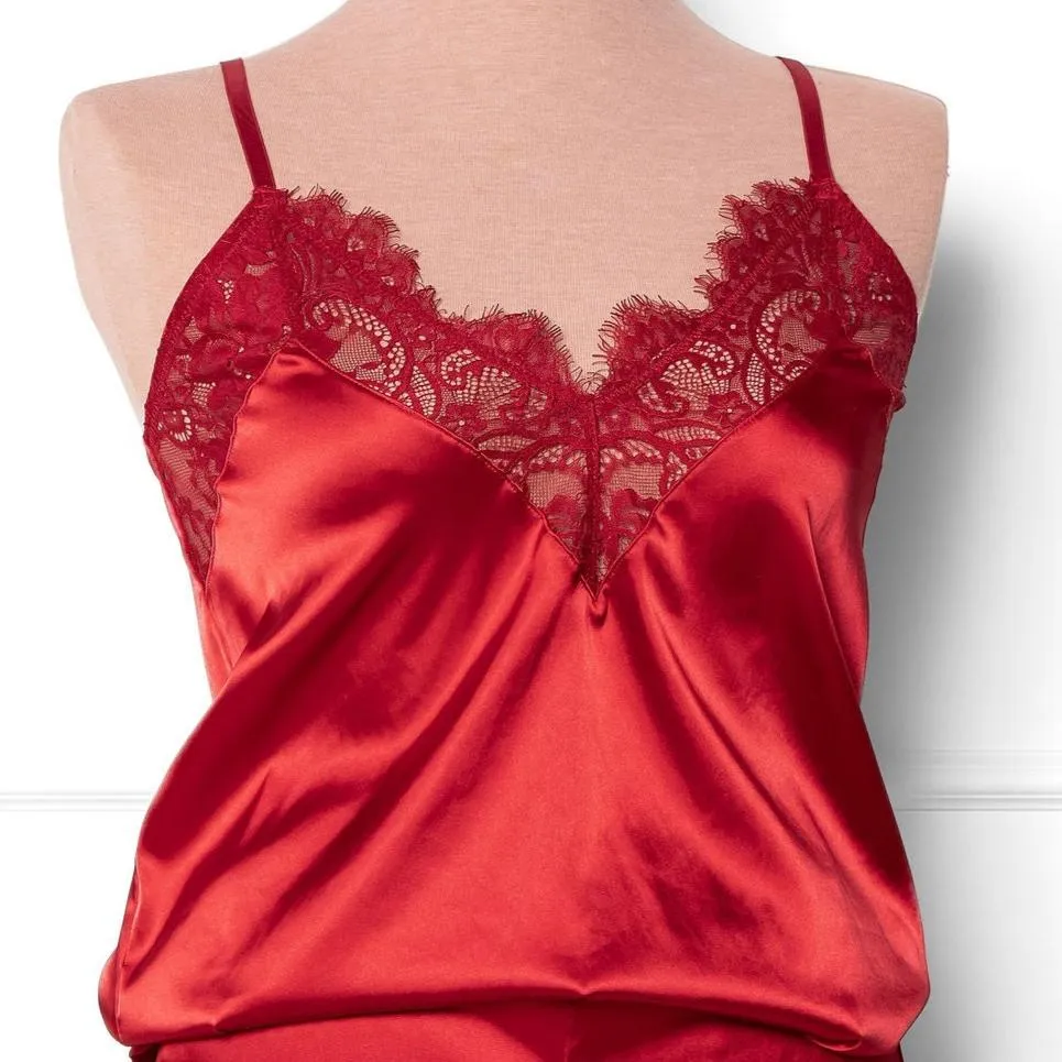 Satin & Eyelash Lace Cami - Red