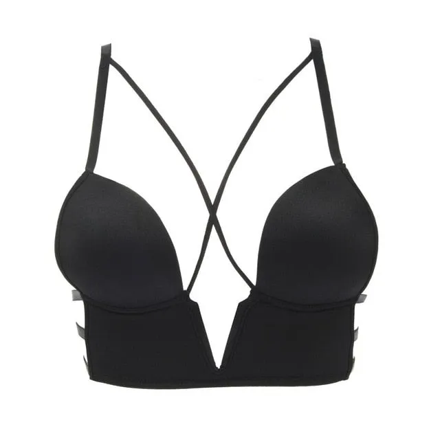 Summer Women Backless Bra Deep U Shape Push Up Bras Sexy Smooth Back Closure Bralette Wireless Cross Straps Underwear Thin Bras