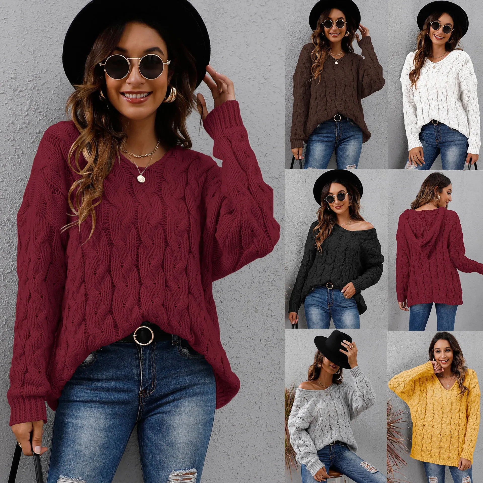 Twist Knitted V-neck Fashion Hooded Loose Pullover Sweater