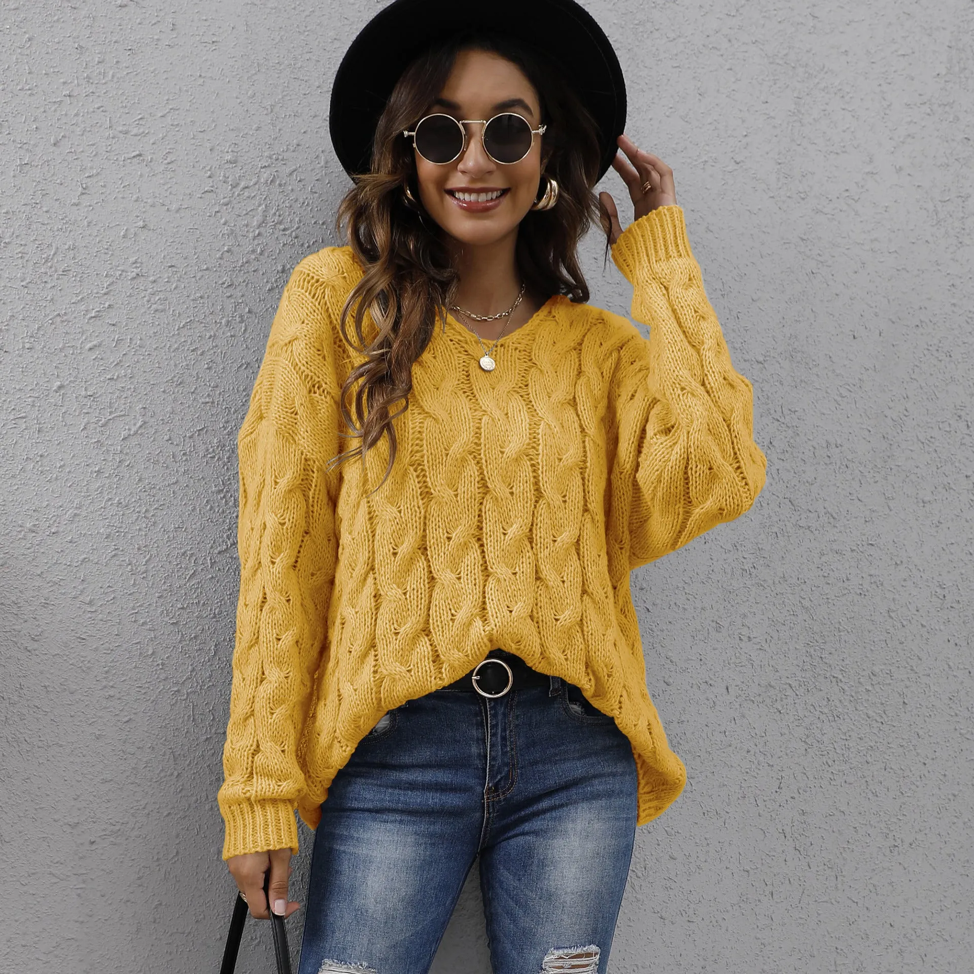 Twist Knitted V-neck Fashion Hooded Loose Pullover Sweater
