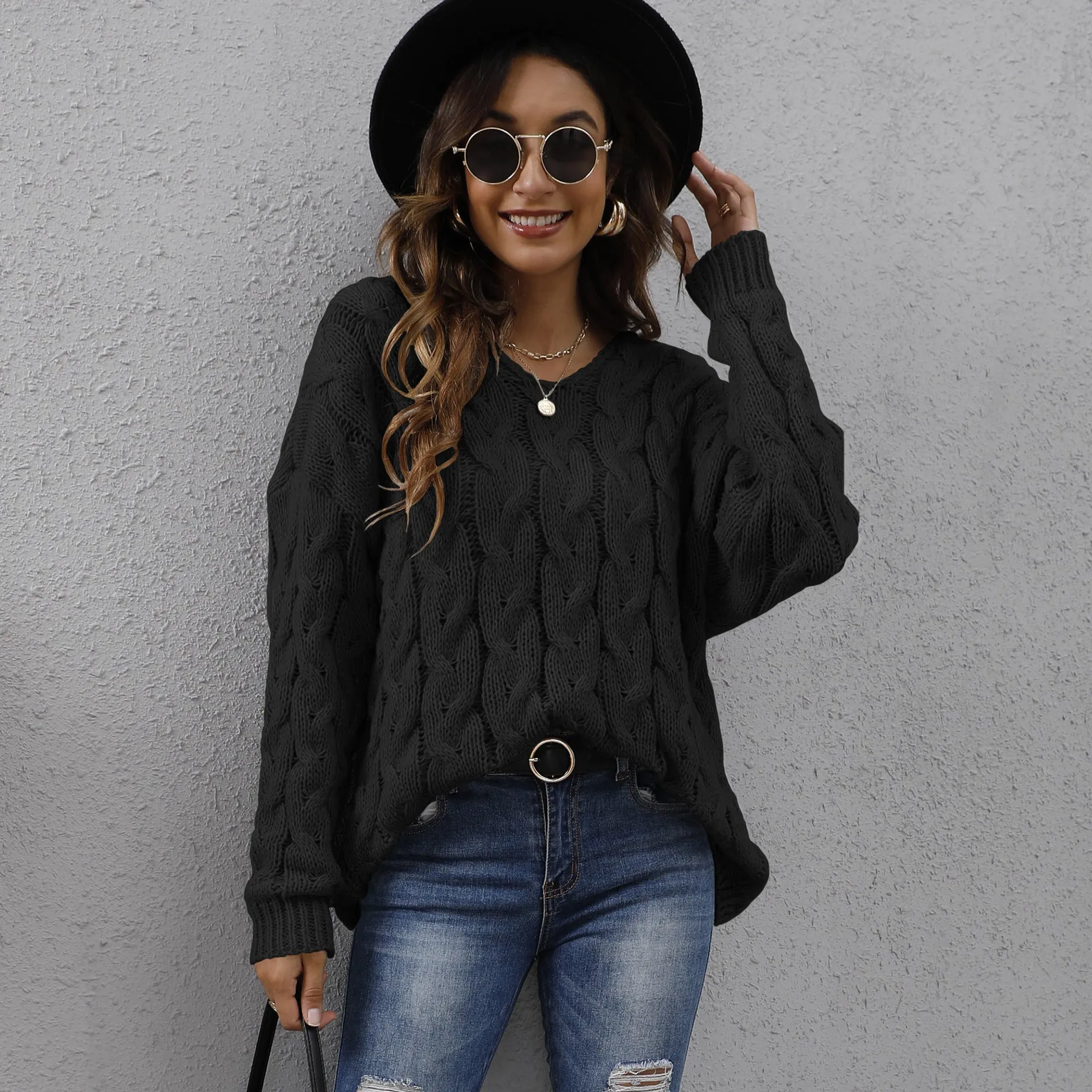 Twist Knitted V-neck Fashion Hooded Loose Pullover Sweater
