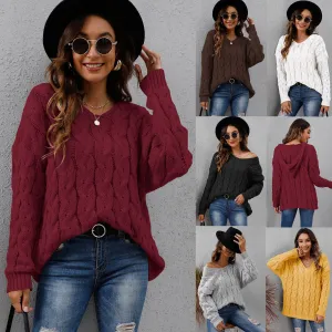 Twist Knitted V-neck Fashion Hooded Loose Pullover Sweater