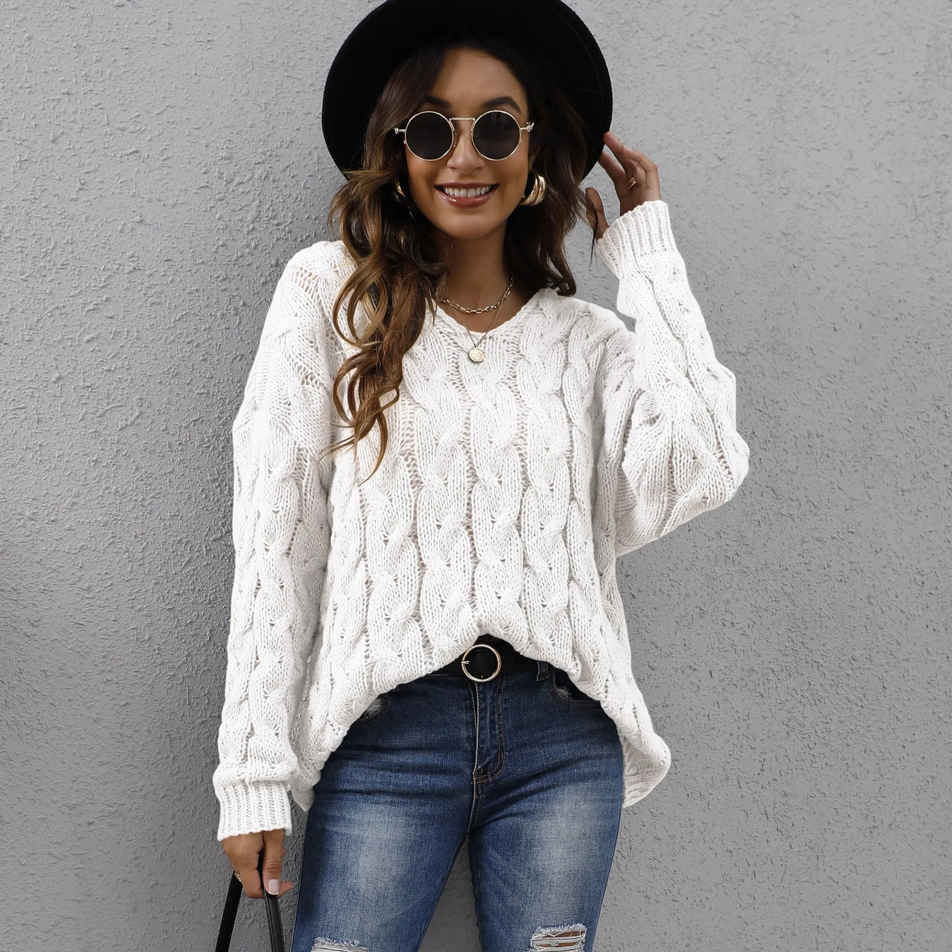 Twist Knitted V-neck Fashion Hooded Loose Pullover Sweater