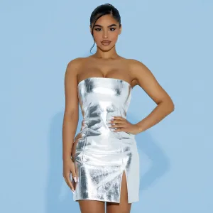 Yomorio Silver Metallic Dress Strapless Side Slit Mini Dress